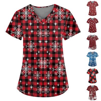 Women's Fashion V-neck Short Sleeve Workwear With Pockets Christmas Printed Tops