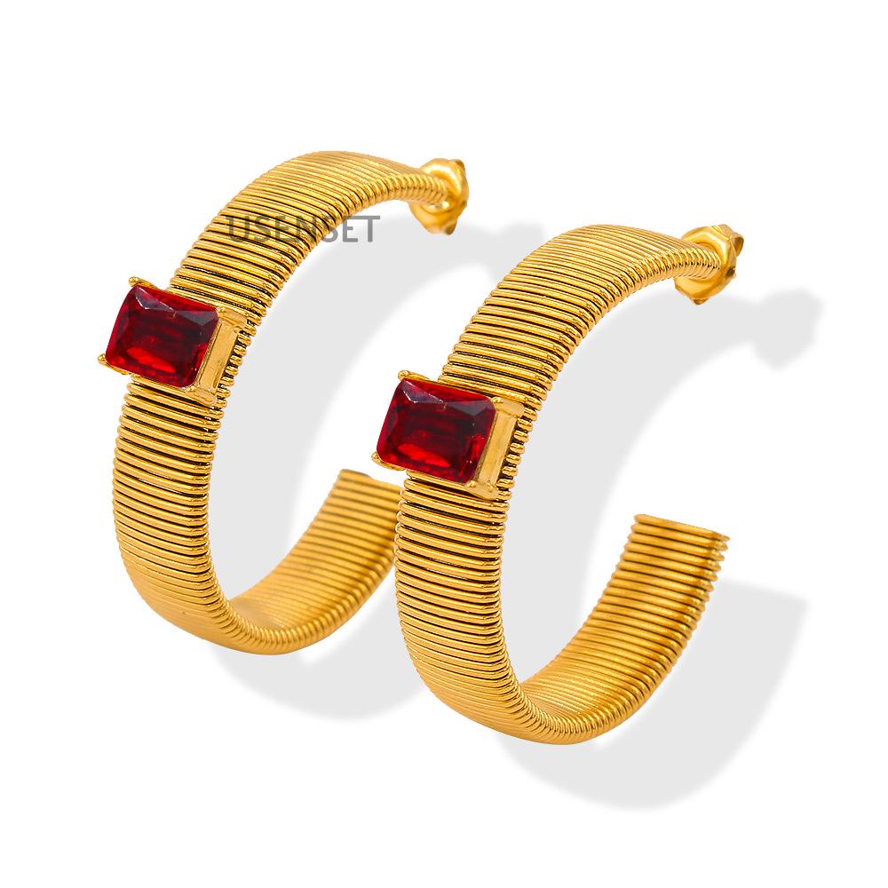 Colorful Zirconia C-Shaped Stainless Steel Earrings – Women s Fashion Jewelry with Vacuum Electroplating красный