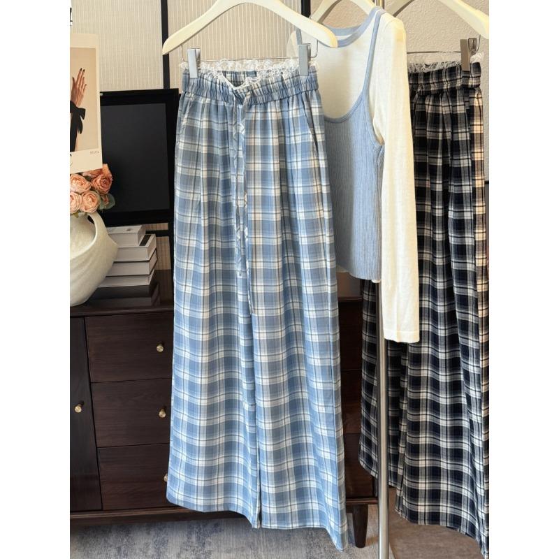 Loose retro plaid pants lace casual pants women's spring and summer loose wide-leg trousers mopping the floor and walking bay pants