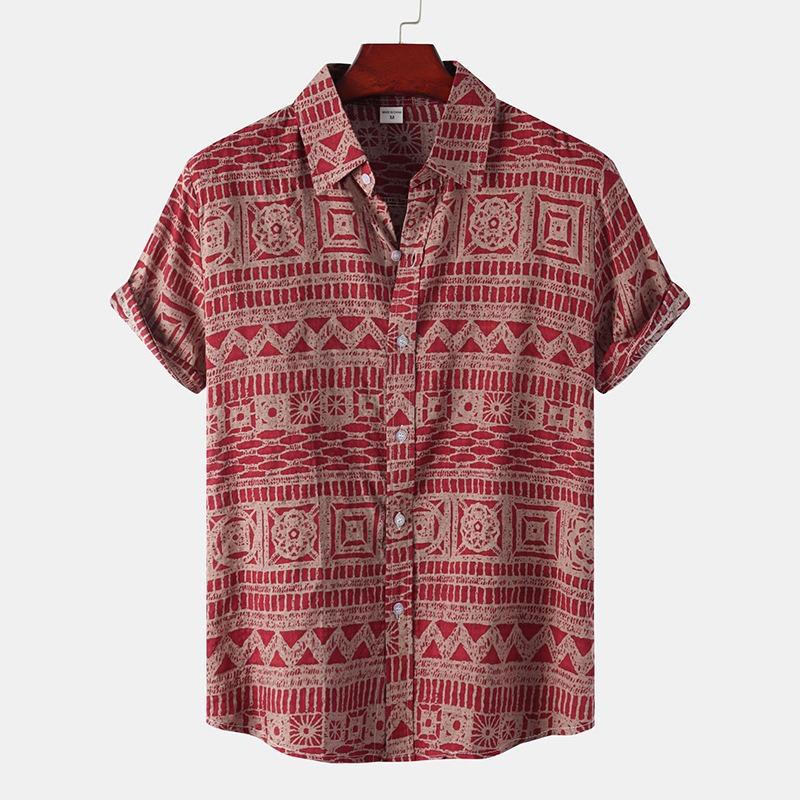 Men Short Sleeve Button Down Shirt Geometric Diamond Print Casual Summer Beach Shirt