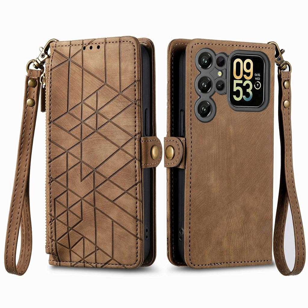 Etui portfel z zamkiem błyskawicznym i geometrycznymi liniami ze skóry do Oukitel C62 z paskiem