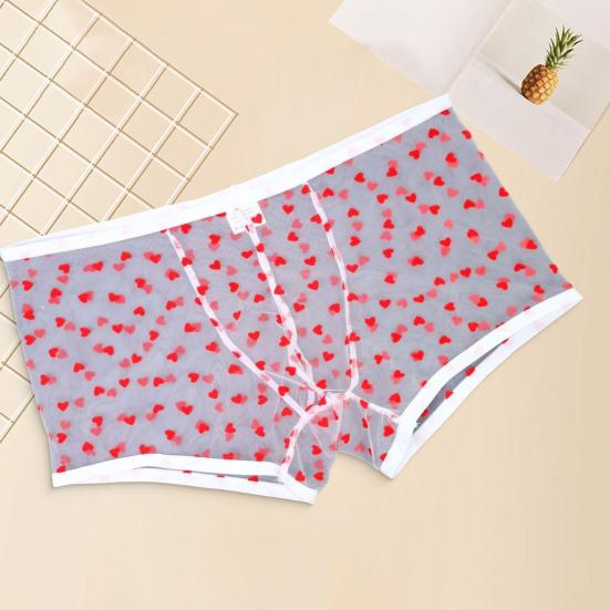 Men Boxer Underwear Elastic Mid-rise Perspective Hollow Mesh Design Boxer Briefs Heart Pattern Underwear Anniversary Gift