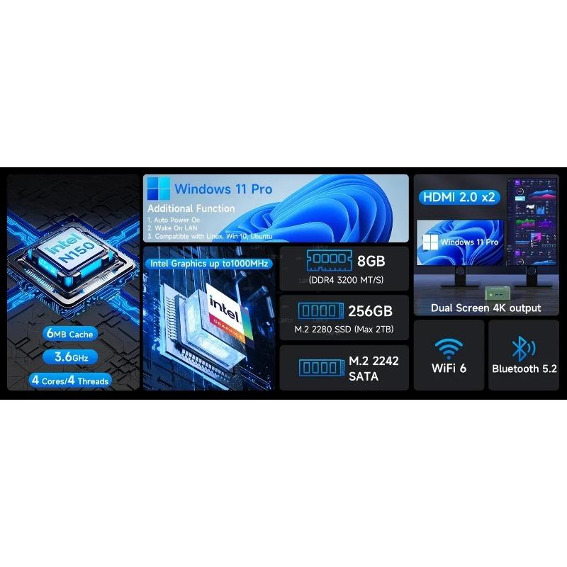 GMKTec G3 plus N150 Mini PC Barebone Windows 11 pro 8 GB DDR4 256 GB NVMe SSD WiFi 6 BT 5.2 Dual-Display Computer für Büro