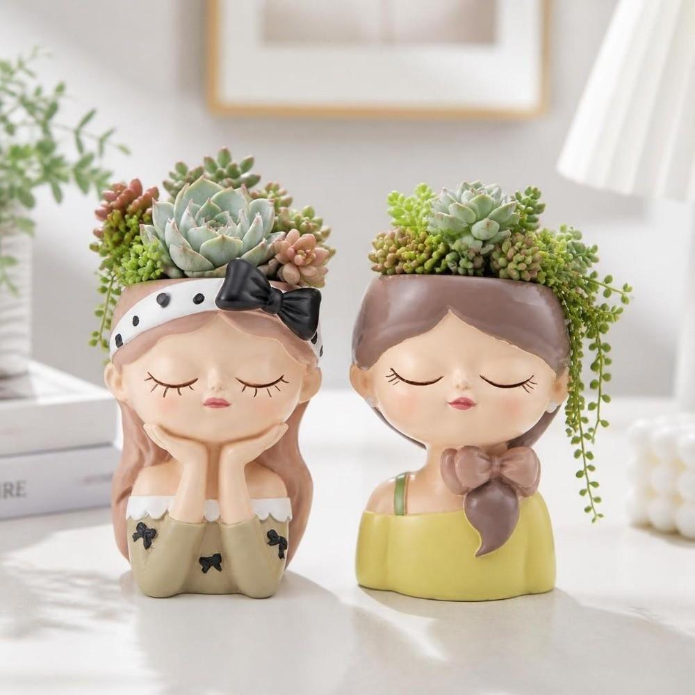 Cartoon Girl Face Planter Pot Resin Bonsai Vase Gardening Supplies Succulent Planter Pot  Cafe