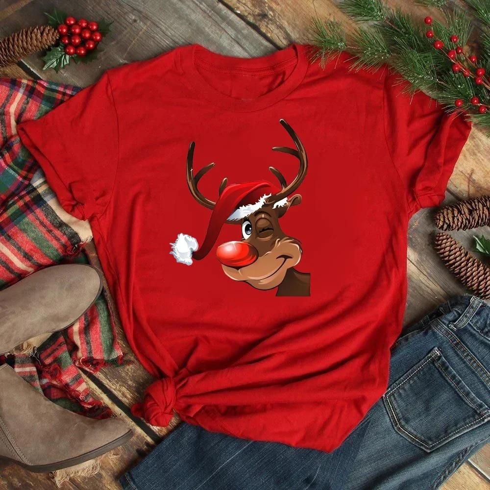 Merry Christmas Women's Fashion Santa Claus with Deer Women O-Neck Top Girls Lucky Deer T-shirts Harajuku Short Sleeve Casual