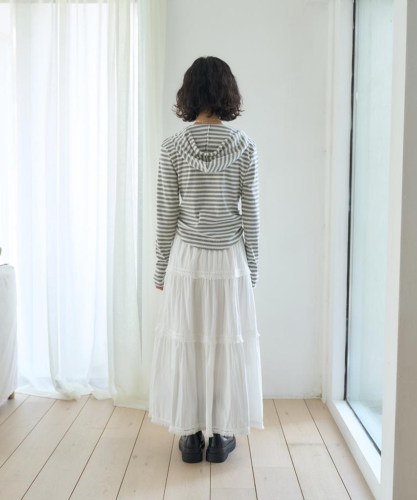 Striped Shirred Button Hoodie [Gray]
