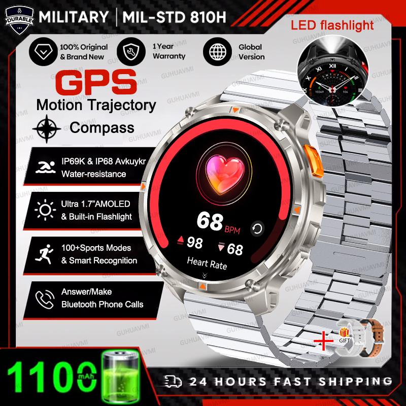 1100mAh Large Battery Durable Adult Smart Watch GPS Strong Flashlight 10ATM Waterproof BT Call Sport Smartwatch Men