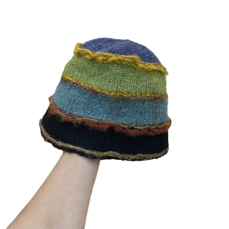 New Fashionable Contrasting Color Horizontal Striped Wool Blended Bucket Hat Women's Winter Face Small Warm Fisherman Hat
