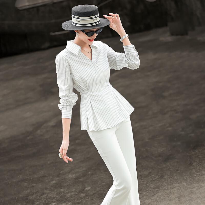 Lanseer Women s Striped Slim-Fit Long-Sleeve Shirt L