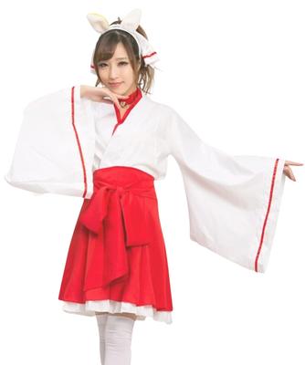 Shrine Maiden Cosplay Female Fox Japanese Dress Mini Hakama Kimono Yukata Shrine Costume Fox Ears Red White [Lady Lazy] (XL)