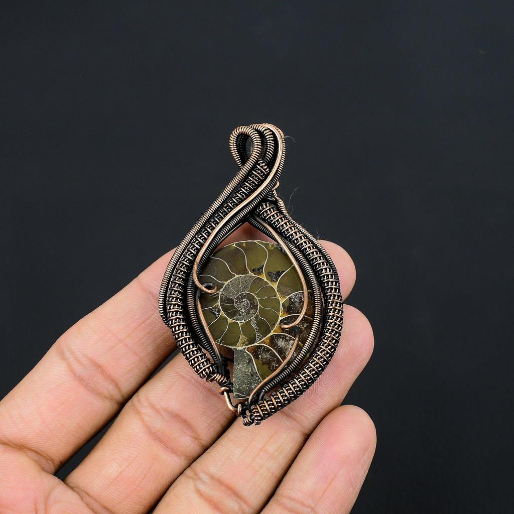 Ammonite Fossil 999 Copper Wire Wrapped Pendant, Handmade Gemstone Jewelry Pendant For Memorial Day