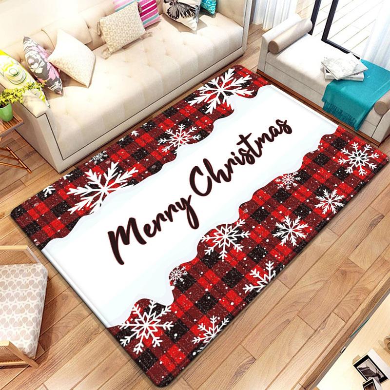 Merry Christmas Plaid Snowflake Rug Soft Crystal Velvet Floor Mat HolidayLiving Room Carpet Festive Home Decoration Winter Theme