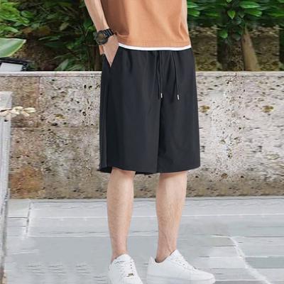 Men Shorts Adjustable Drawstring Waist Casual Trousers with Reinforced Pockets Solid Color Wide Leg Summer Sport Shorts
