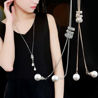Statement Imitation Pearl Crystal Long Sweater Chain Necklace Ribbon Circle Necklace Women Vintage Pendant Collares Jewlery