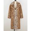 Damen Leopard Print Kunstfell Trenchcoat Revers Mittellang Warmer Wintermantel
