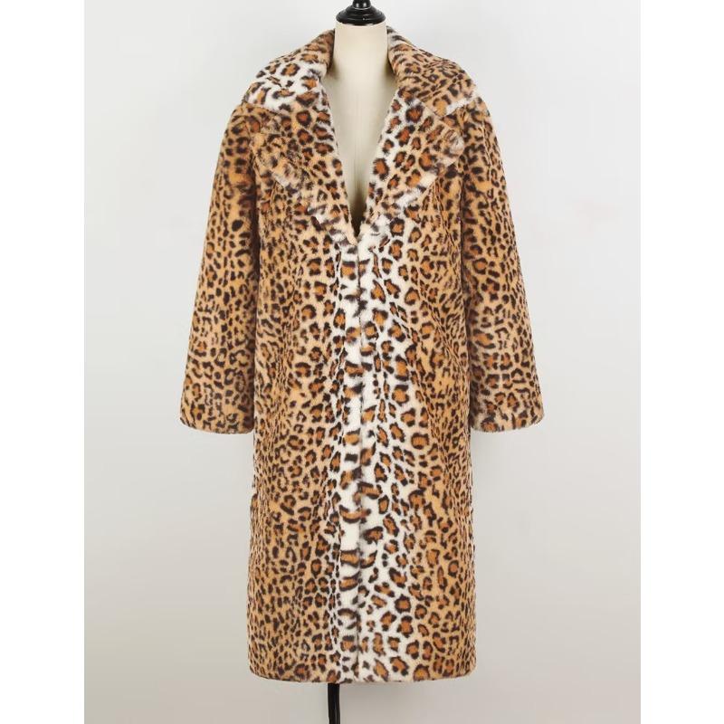 Damen Leopard Print Kunstfell Trenchcoat Revers Mittellang Warmer Wintermantel