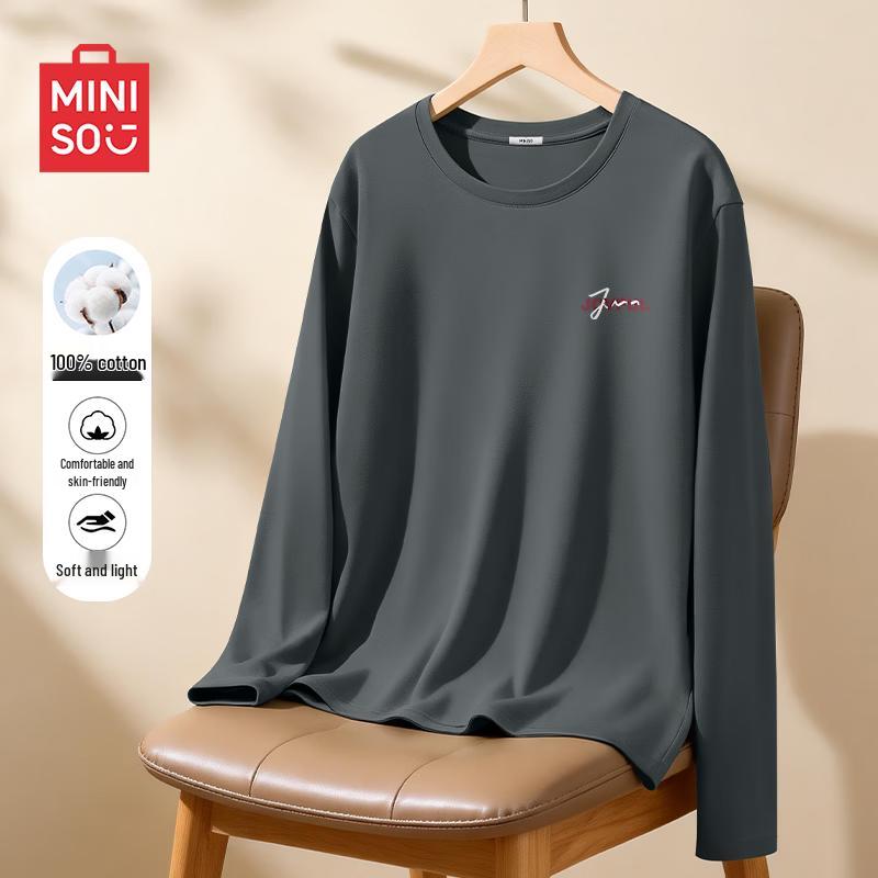 MINISO Men s American Retro Style Pure Cotton Crew Neck Long Sleeve T-Shirt L