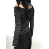 Japanisches Basic Slim Langarm Streifen T-Shirt Schulterfrei O Hals Koreanischer Street Style Frühling Herbst Y2K Grau T-Shirt Damen