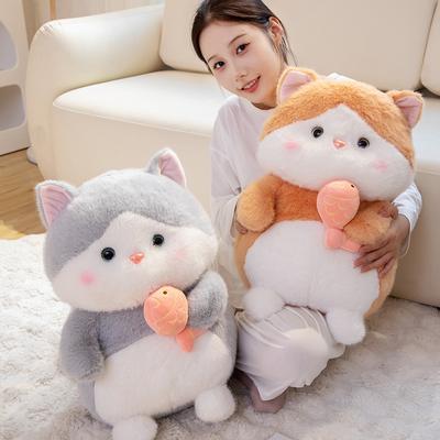 Soft Kitten Throw Pillow Plush Toy Doll Holding Fish Cat Doll Children Accompany Soothing Doll