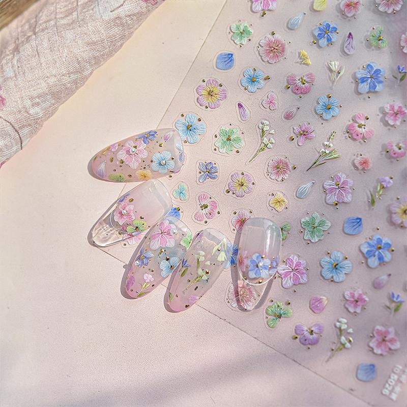 Körsbärsblommor Sakura Vår 5D Nageldekorationsklistermärke Guldstämpling Mjukt Lim Reliefklistermärke Chic Manikyrdekaler