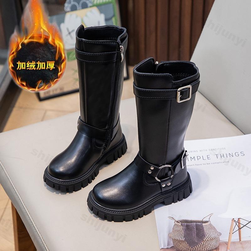 

Children s Boots Winter Warm Plush Girls High Long Boots Zip Round-toe Versatile Non-slip Kids Causal Cotton Boots 26 чёрный