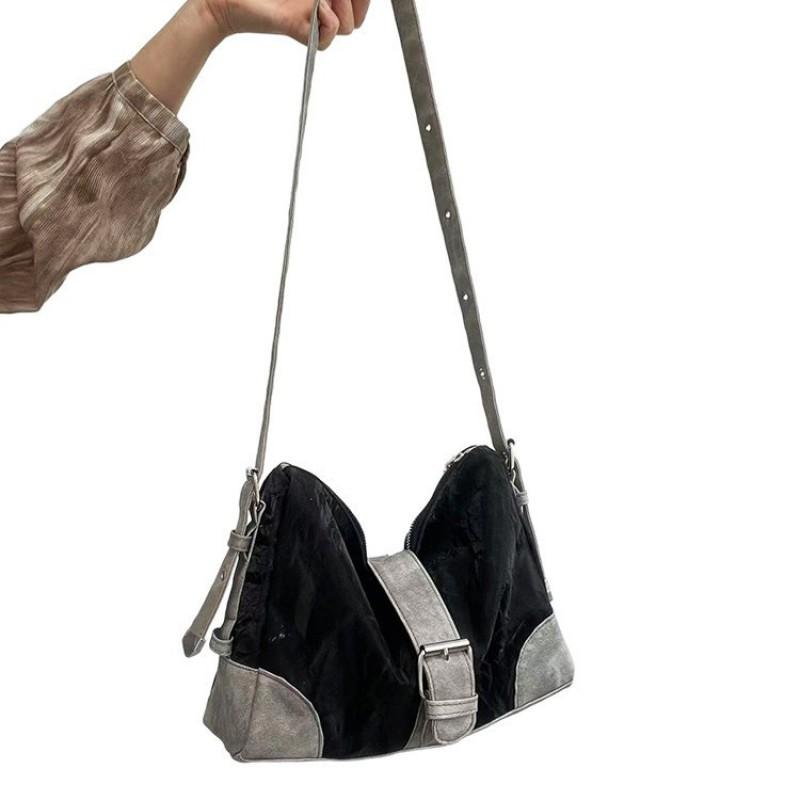 2026 Niche American Retro High-end Single-shoulder Bag Women s Large-capacity Stitching Contrasting Cross-body Tote чёрный