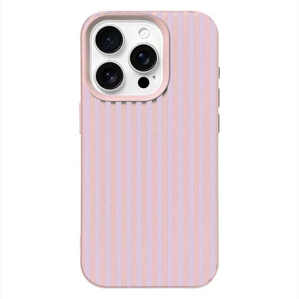 Mint Purple Stripe Leather Texture Soft Case for iPhone 17 17E 16 15 14 13 12 11 Pro Max Fresh Shockproof Protective Cover