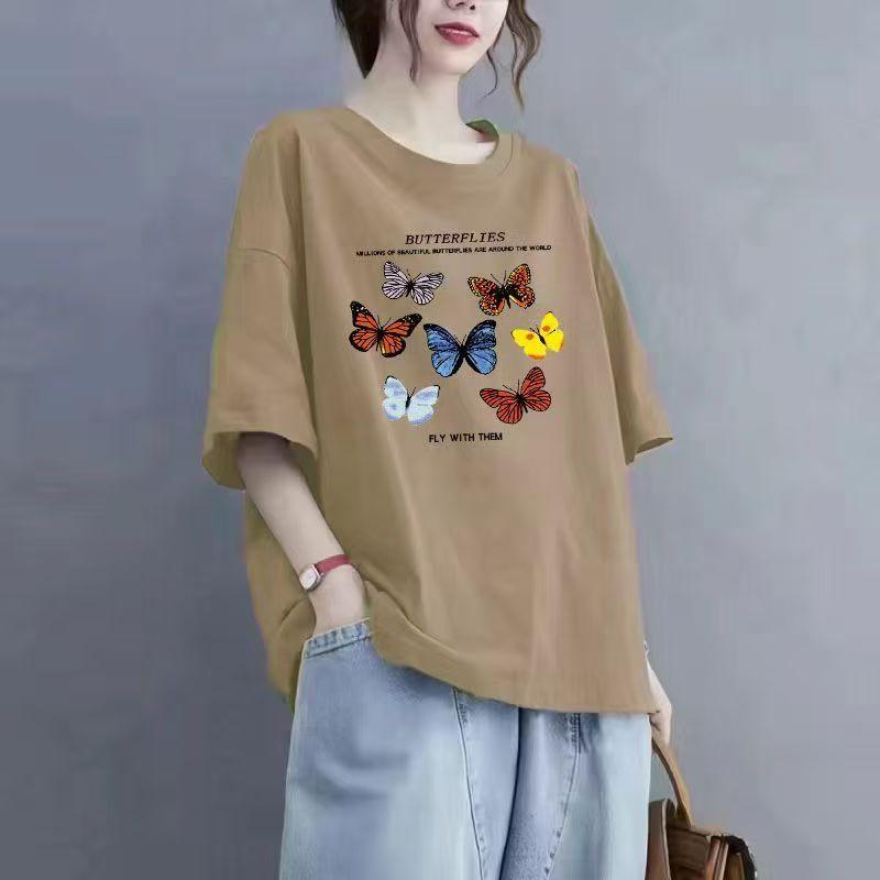 

Літня бавовняна футболка з круглим вирізом та коротким рукавом, повсякденна, вільна, з принтом, пуловер, базова футболка, жіноча S