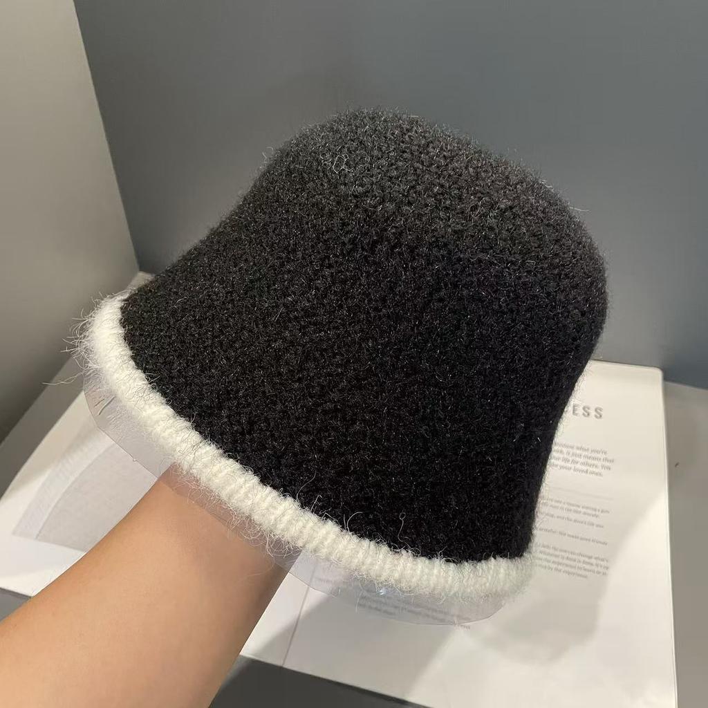 Autumn and Winter Color Blocking and Outlined Woolen Hat for Women Simple and Casual Versatile  Face Covering  Warm and Ear Protecting Bucket Hat