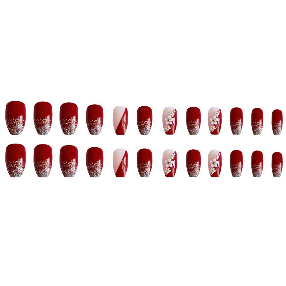 3D Camellia Wine Red Glitter Wearable Nails