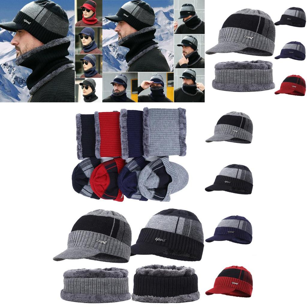 Soft Men Unisex Winter Warm Hat Knit Visor Beanie With Cozy Fleece Lining**