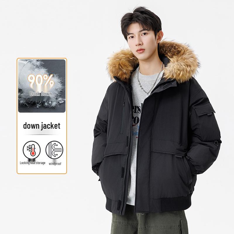Men's and Women's Thickened Winter Down Jacket with Fur Collar, 90% White Duck Down Hooded Parka.