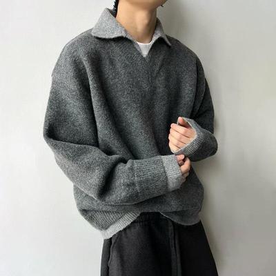Men's Gray Retro Faux Two-Piece V-Neck Knit Polo Sweater - Thick Winter Lazy Style