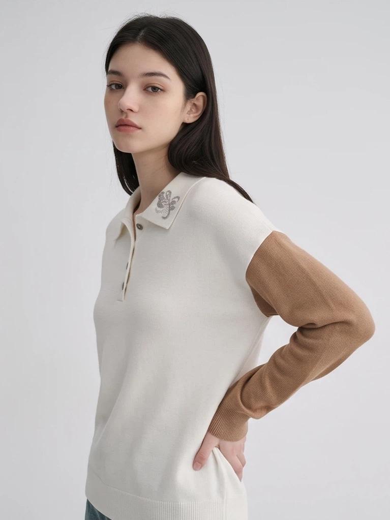 MU Women's Color Block Polo Neck Embroidery Knit Sweater - Long Sleeve, Autumn/Winter, Simple & Elegant.