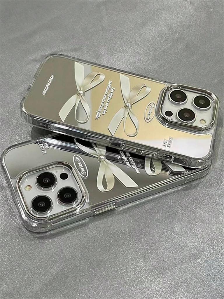 Pearl bow mirror phone case for IPhone15ProMax 14 13 12 11 Drop proof phone case Fully covered soft case