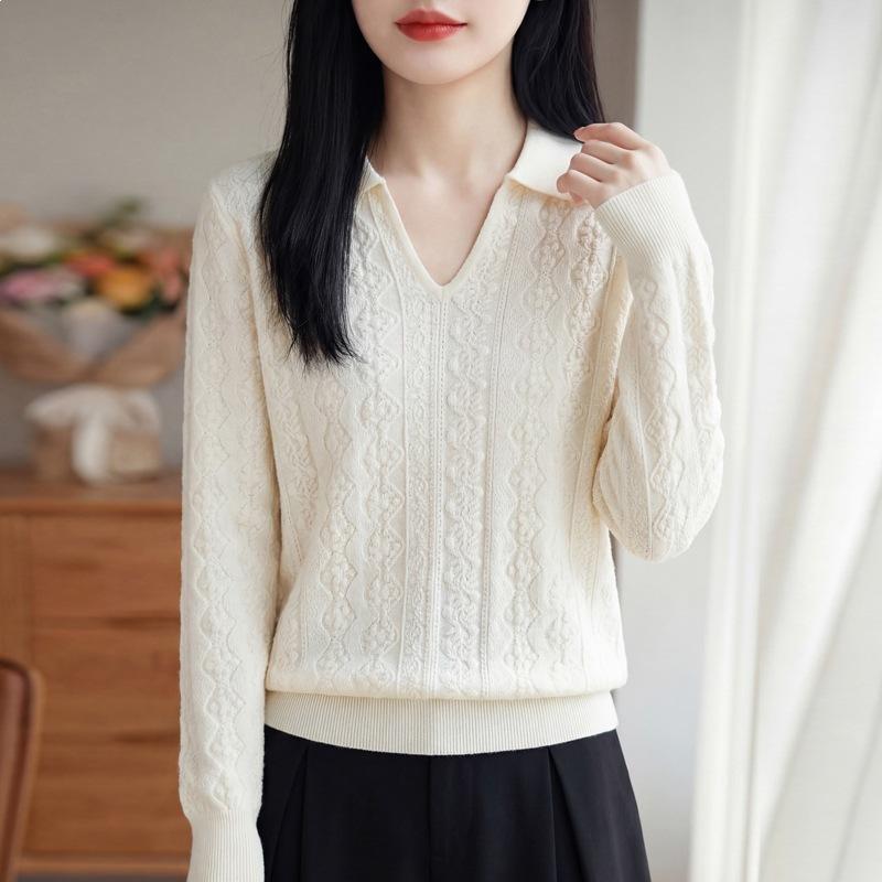 

Collared Knitted Top - New Spring/summer Style Trendy Jacquard Loose Base Layer Blouse M белый