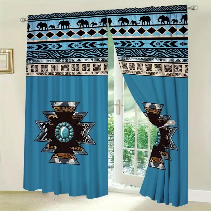 2PCS Hu Qing Ethnic Printed Curtains   Pole Bag Polyester Material Design   Bedroom   Home Decoration