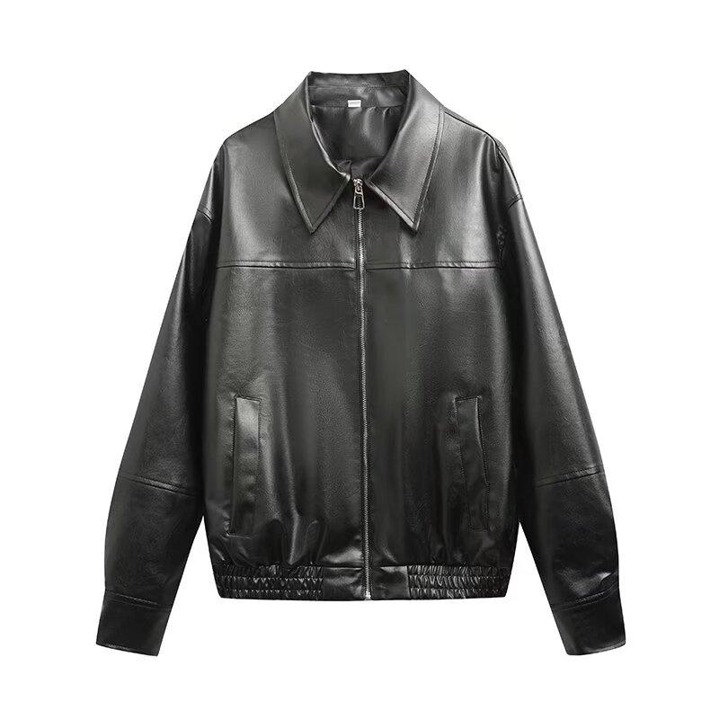 Cross-border foreign trade European and American women's clothing autumn and winter new pocket decoration PU leather imitation leather lapel solid