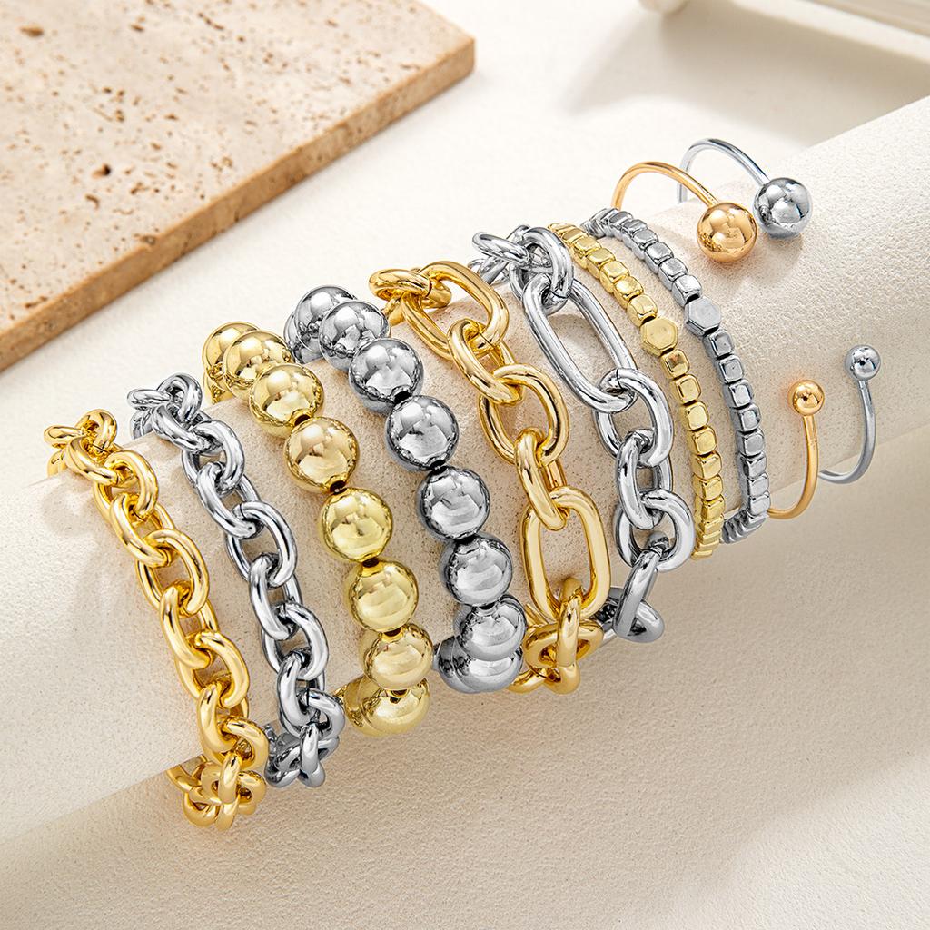 5-piece Punk Style CCB Round Beaded Bracelet Multi-Layer Stackable Chain Design Open Women's Wristlet