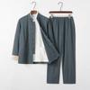 Men's Cotton Linen Three-Piece Tang Suit: Chinese Style Frog Button Hanfu, Retro Lay Buddhist Robe, Tea Attire