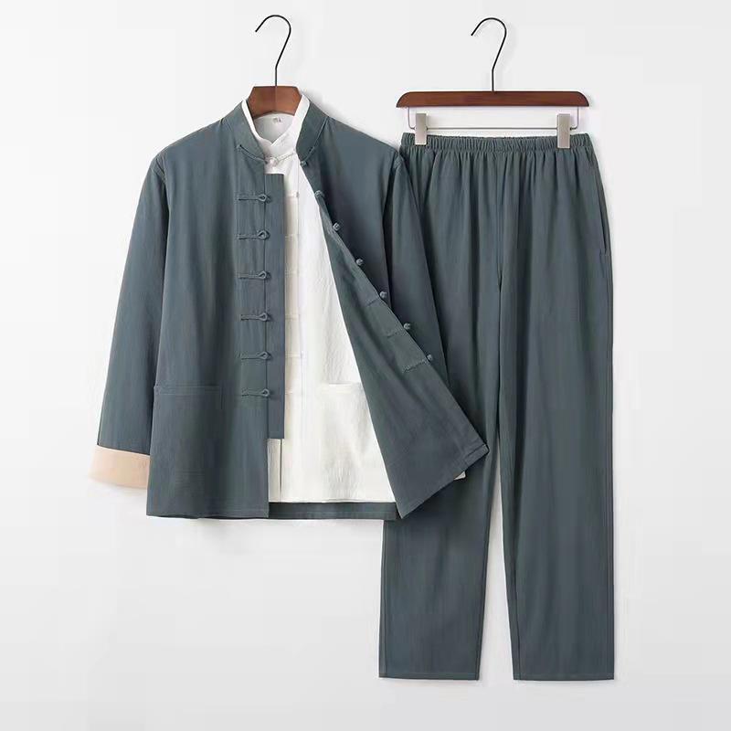 Men's Cotton Linen Three-Piece Tang Suit: Chinese Style Frog Button Hanfu, Retro Lay Buddhist Robe, Tea Attire