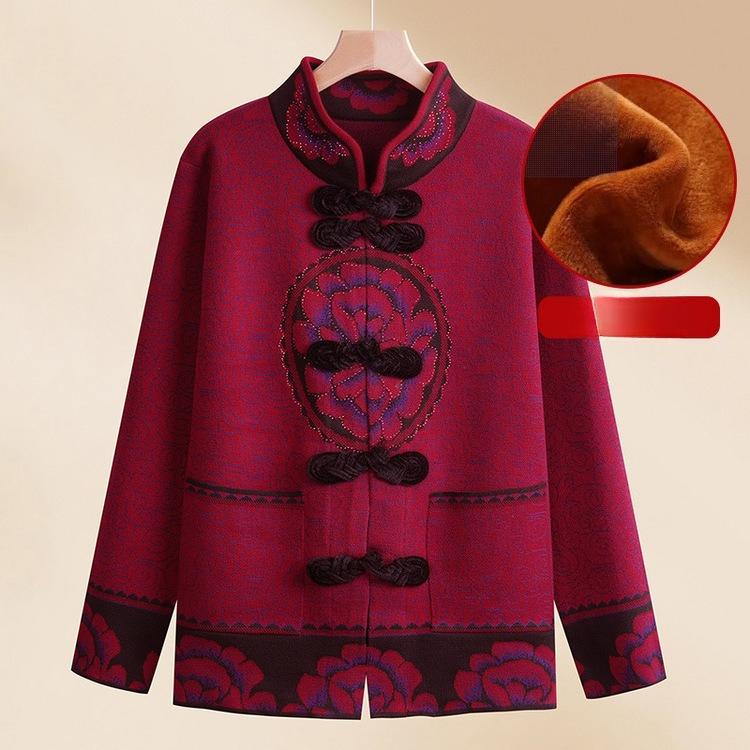 Middle-aged and Elderly Mothers with Velvet Year of Zodiac Tops for Seniors Grandma Spring and Women Knitted Sweater for New Year's Jacket