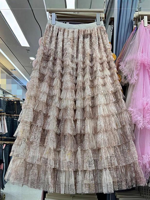 Verlaufender Retro Batik Mesh Tüll Midi Rock