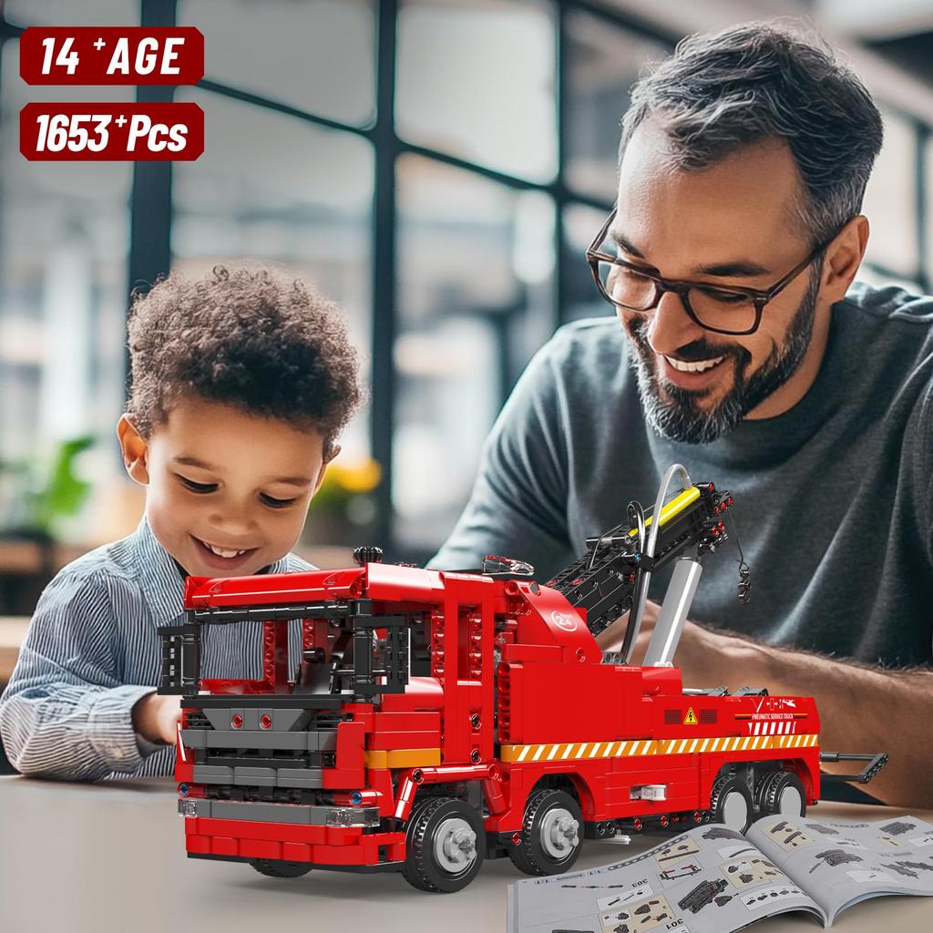 Mould King 19017 Rescue Tow Truck Building Blocks, 1653 Pieces, with Pneumatic Crane, App & Remote Control, Construction Vehicle Model, Ages 8+,
