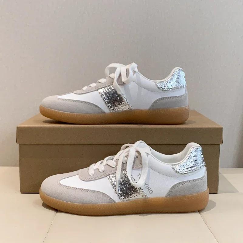 Mode 2024 Damen Sneaker Frühling Herbst Spleißen Echtes Leder Beliebt Schnürer Flats Lässige Arbeitsschuhe Frau Neuankömmling
