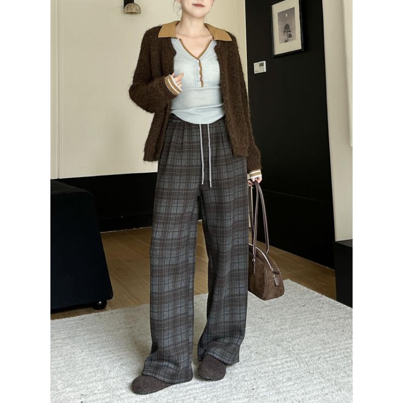 Winter New Style Fleece Lined Retro Brushed Plaid Wide Leg Pants Elastic High Waist Loose Straight Leg Casual Pants For Women