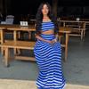 Ins Fashion Printed Women's Clothing Blue and White A-shaped Skirt Set One-word Collar Chest Wrap New Two-piece Set Popular