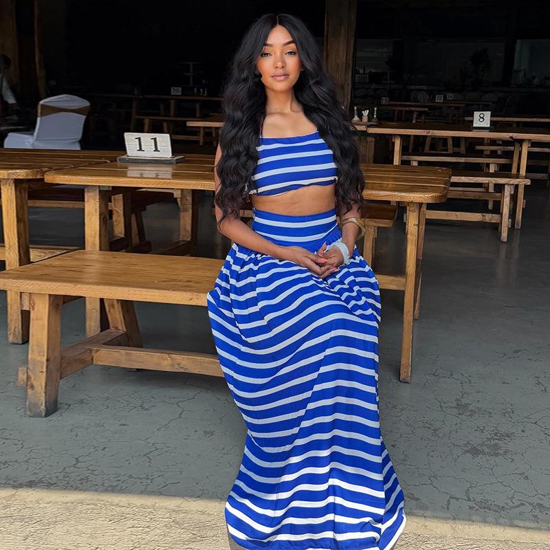 Ins Fashion Printed Women's Clothing Blue and White A-shaped Skirt Set One-word Collar Chest Wrap New Two-piece Set Popular