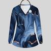 Women Plus Size Blue Marble Printed Nurse Scrub Top V Neck Long Sleeve With Pockets