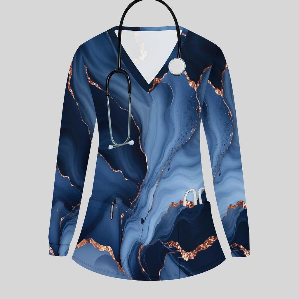 Women Plus Size Blue Marble Printed Nurse Scrub Top V Neck Long Sleeve With Pockets